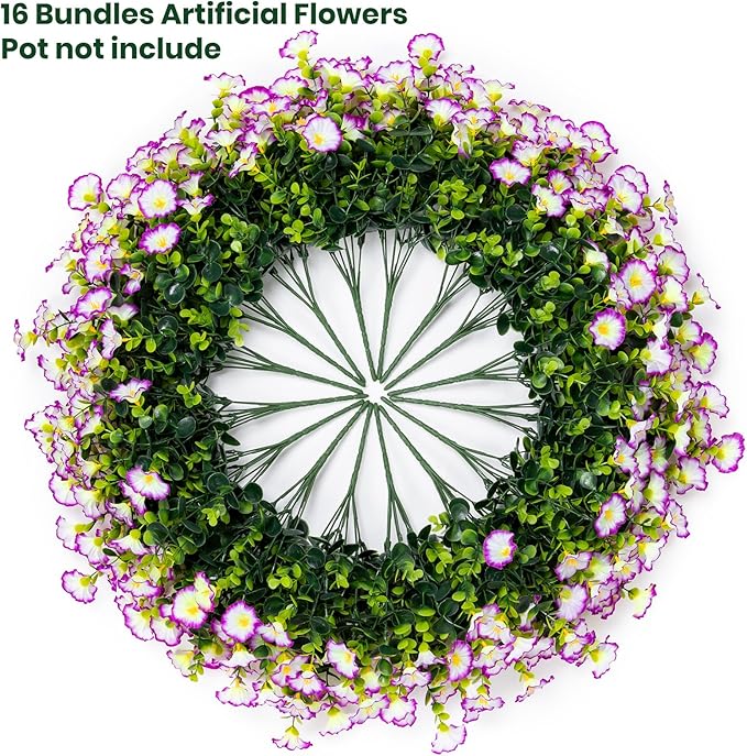 Artificial Faux Flowers for Outdoor 16 Bundles Boxwood Fake Morning Glory for Planter,UV Resistant Fake Flowers for Home Porch Patio Outside（Purple/White）