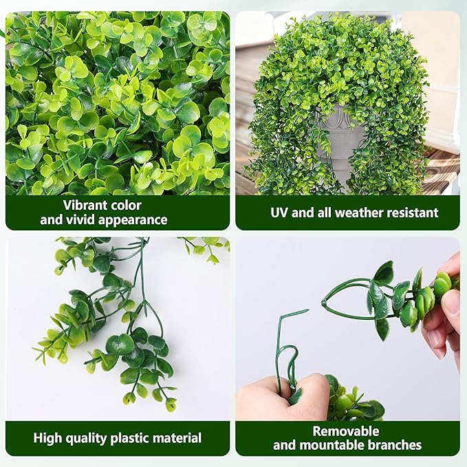 Faux Outdoor Plants Fake Hanging Plants for Outdoors Outside Decorations, 2 Pcs Green Faux Eucalyptus Stems Realistic UV Resistant Artificial Greenery for Planters Porch Garden Yard Front Door Patio