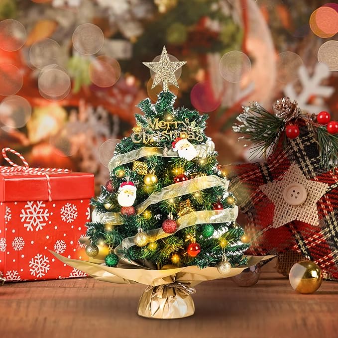 20" Mini Christmas Tree, Artificial Mini Christmas Tree with Lights, Tabletop Christmas Tree with Star Treetop Pinecones Boxes and Ball Ornaments for DIY Christmas Decoration (Green&Red)
