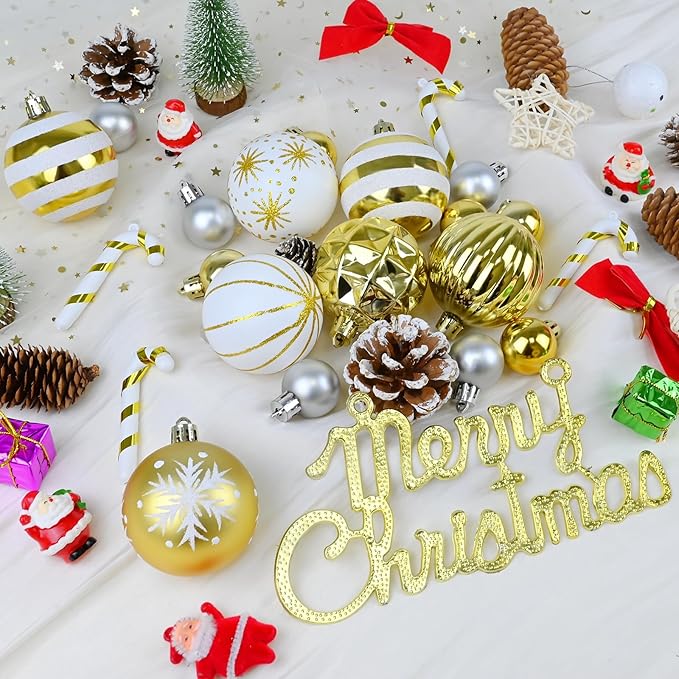 Gold and White Christmas Balls Ornaments - 40Pcs Xmas Tree Decorations, Shatterproof Christmas Ornaments, Hanging Ball Ornament Decorations for Xmas Tree(Multi Color #5)