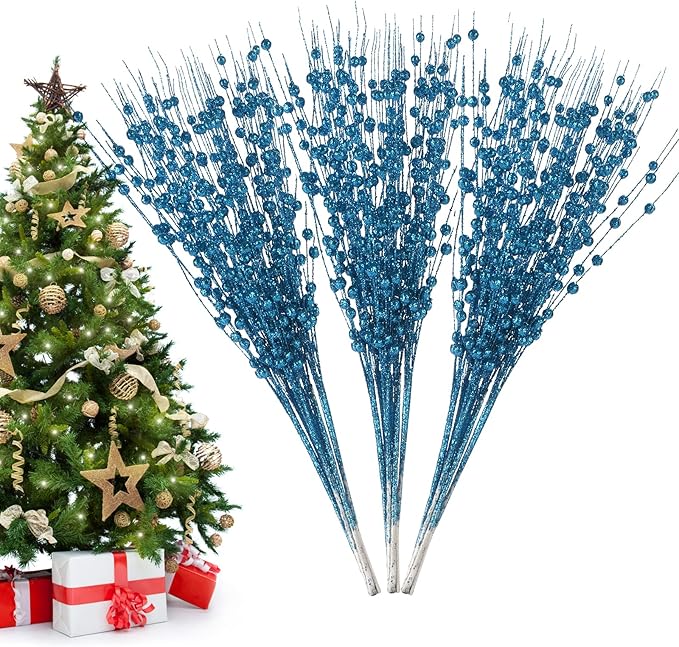 Christmas Artificial Glitter Berry Stem Decorations Decorative Bead Sticks Xmas Picks Glittery Twigs Branches for Christmas Tree Wreath Gift Vase Home Decor Party Ornaments Blue 24 PCS