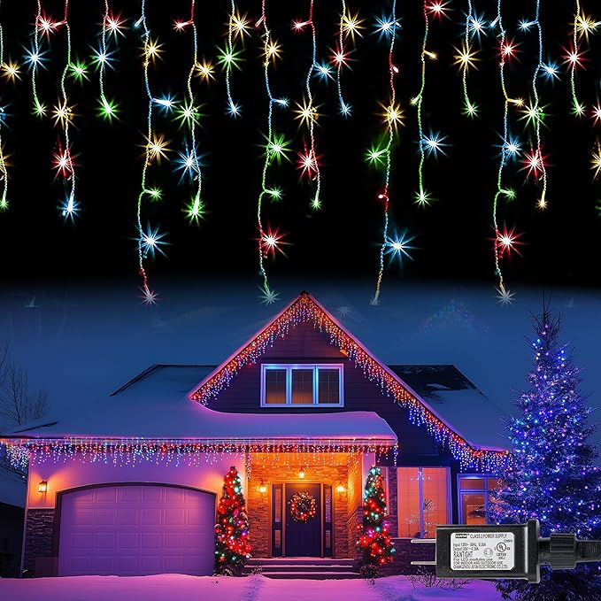 Dazzle Bright Christmas Icicle Lights, 88.5 FT 1080 LED 8 Modes Curtain Fairy Lights with 180 Drops, Xmas String Lights for Outdoor Holiday Wedding Party Decorations (Multi-Colored)