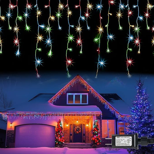 Dazzle Bright Christmas Icicle Lights, 88.5 FT 1080 LED 8 Modes Curtain Fairy Lights with 180 Drops, Xmas String Lights for Outdoor Holiday Wedding Party Decorations (Multi-Colored)