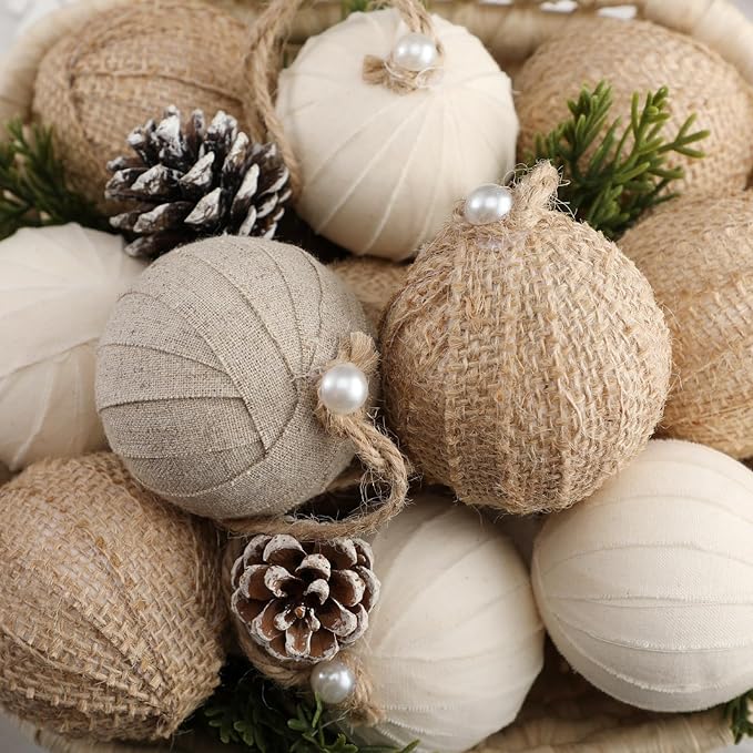 Syhood 12 Pcs Rustic Christmas Ball 2.36 Inch Neutral Farmhouse Christmas Tree Ornaments Shatterproof Hanging Cottage Burlap Fabric Textured Ball for Xmas Tree Party Garlands Wreath Home Decor