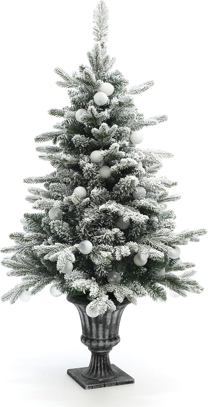 LuxenHome 4FT Small Potted Christmas Tree, Flocked Christmas Tree with 70 LED Globe Lights, Prelit Artificial Xmas Trees with Rustic Urn Pot, Lighted Pine Tree for Indoor, Outdoor Holiday Display