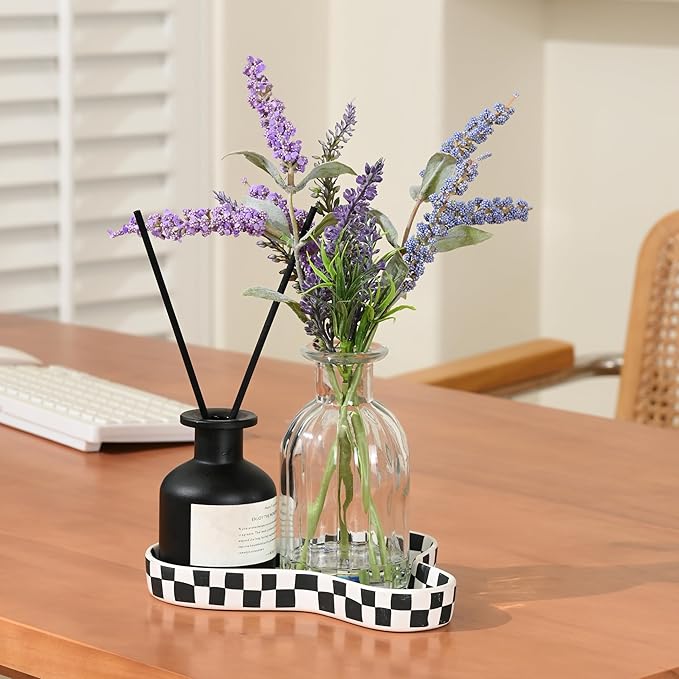 Abzo Fake Flowers- Artificial Lavender Plants in Glass Vase with Faux Water,Faux Silk Flowers Fake Plant Decor for Home Office, Bathroom Farmhouse Kitchen Dining Table Decor