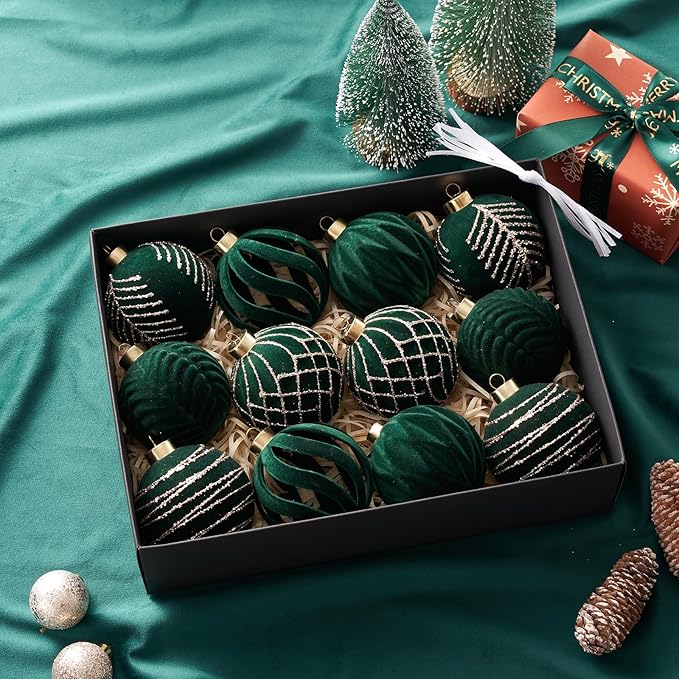 Christmas Ball Ornaments, Green Xmas Decor, 12-Pcs Hand-Painted Shatterproof Decor Set, Multi-Color Christmas Tree Decorations, Perfect for Holiday Decor