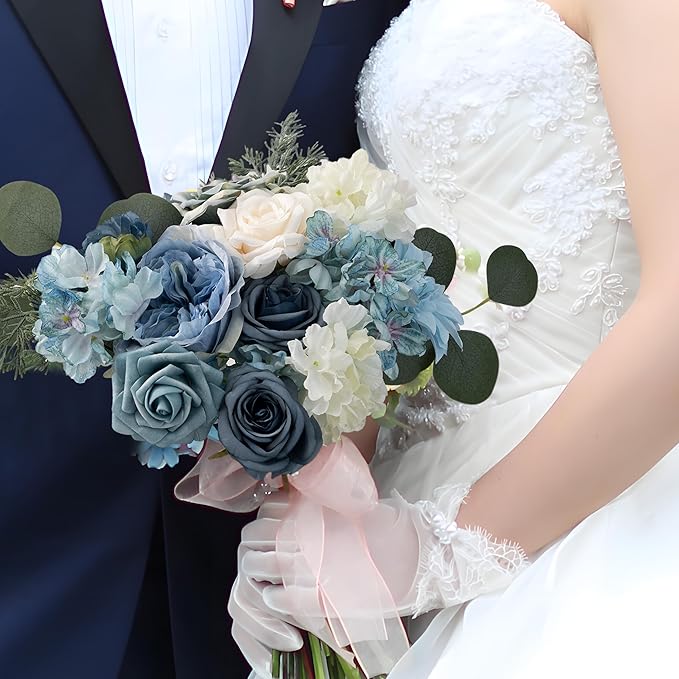 Artificial Flowers Combo Box Set Dusty Blue Flowers for DIY Wedding Bouquet Arrangements Bridal Shower Party Home Decorations(White Blue Rose)