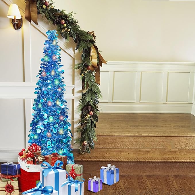 5 FT Pencil Christmas Tree, Collapsible Artificial Sequin Pop Up Christmas Tree, Skinny Pencil Tinsel Christmas Trees, Xmas Tree for Home Apartment Basement Fireplace (Pure Blue)