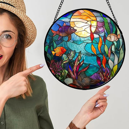 Stained Glass Window Hanging - Blue Ocean World Small Fish Coral Sun Catcher for Door Garden Home Decor Sea Suncatcher Christmas Mother's Day Birthday Gifts for Women Men Mom Nana 15 in