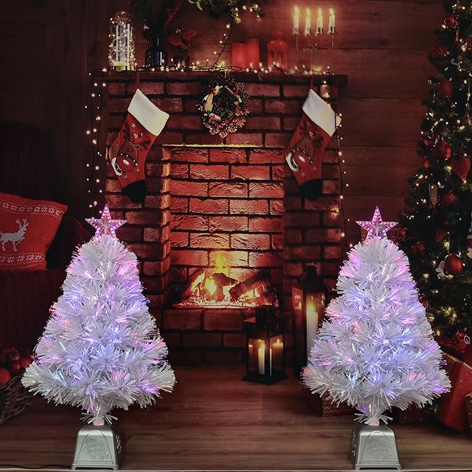 24inch White Fiber Optic Christmas Tree,Pre-Lit Artificial Mini Christmas Tree, Tabletop Small Xmas Tree with Stars Holiday Home Decorations