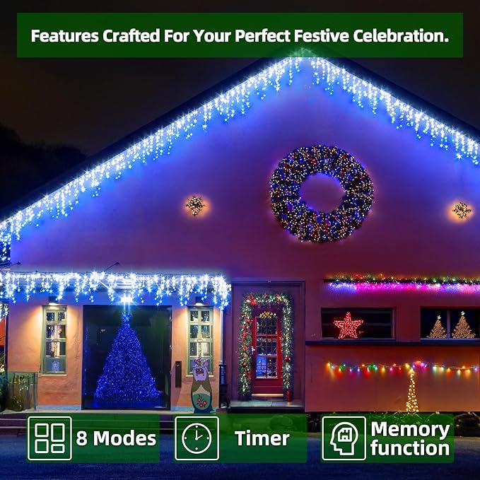 648 LED Outdoor Christmas Lights with 144 Drops, 66ft Christmas Fairy Lights with 8 Modes Timer, Twinkly Lights Waterproof for Indoor Outside Eaves Yard Holiday Wedding Party Decor Blue & CoolWhite