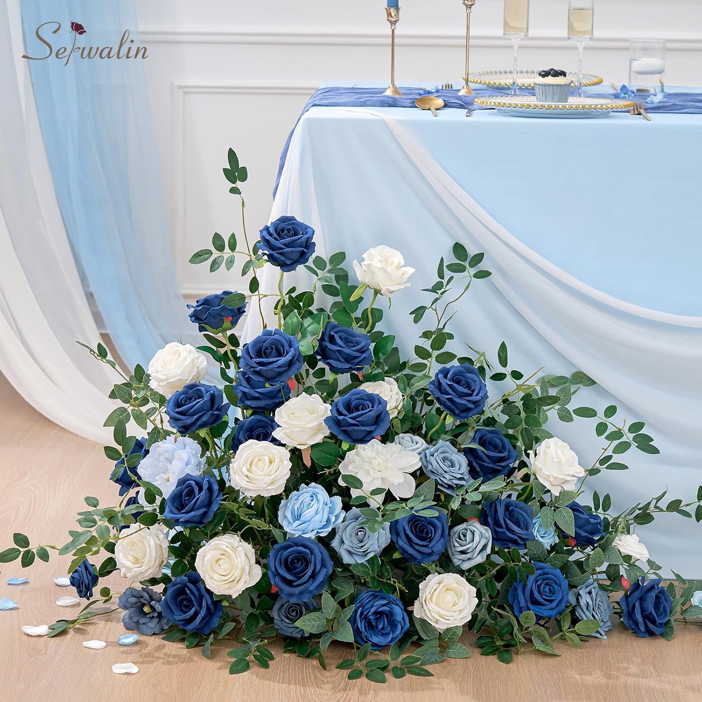 Serwalin 20pcs Navy Blue Artificial Roses, 4" Real Touch Silk Velvet Flowers, Long Stems Bouquet for Wedding, Home Decor, Table Centerpieces