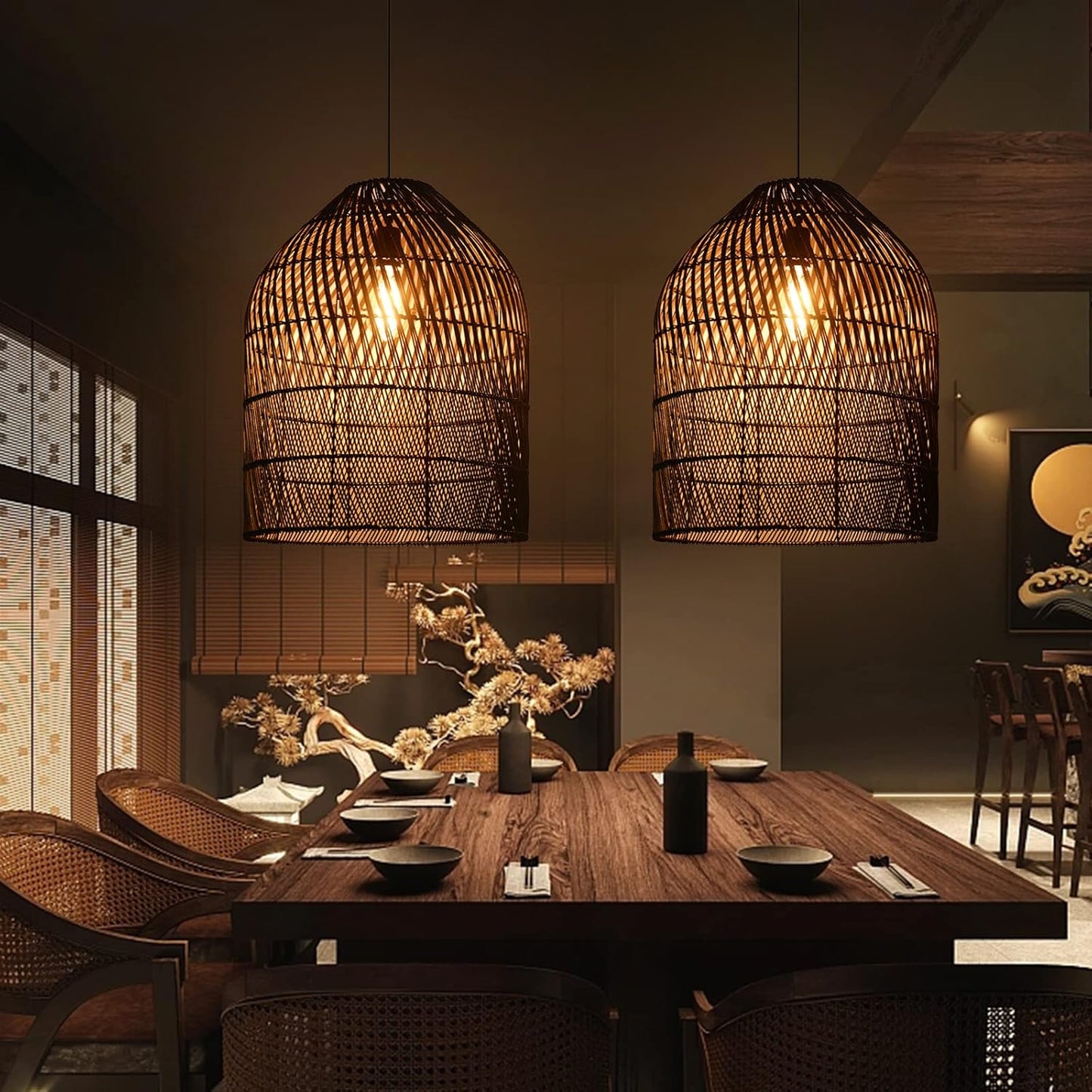 Arturesthome 1 Light Wicker Bell Pendant Lamp, Design Basket Rattan Woven Pendant Light Shades, Handmade Hanging Ceiling Lights Crafts Lampshade Black