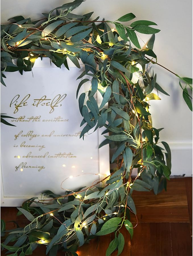 FiveSeasonStuff Rustic Willow & Eucalyptus Garland with Warm White USB String Lights, 5.9ft Bendable Greenery Vine for Wedding Arches, Mantels and Home Decor