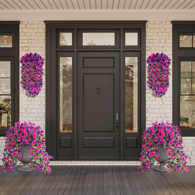 Rich and Eye-catching 5 PCS Artificial Hanging Flowers，Silk Morning Glory Faux Flowers with Eucalyptus Leaves,uv Resistant Fake Hanging Petunias Plants for Yard Decoration(Purple Red)