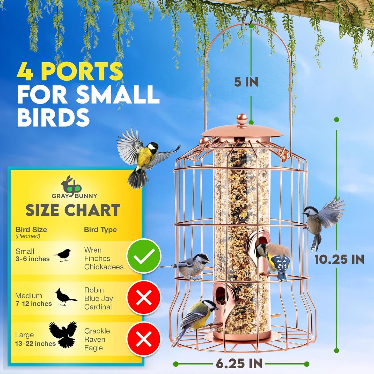Squirrel Proof Bird Feeder for Outdoors Hanging (Metal Rose Gold) Bird Feeder with 4 Ports, Chew-Proof & Weather Resistant, Backyard Gift (10.25 x 6.25 x 6.25 inches)