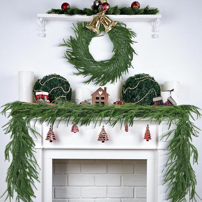 2Pcs 6FT Norfolk Pine Garland Christmas Dense Winter Pine Garland Green Artificial Faux Greenery Real Touch Garlands for Mantle, Wall, Table, Home Xmas Holiday Decor