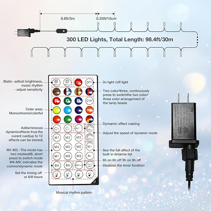 RGB Christmas Lights Outdoor, 98.4FT 300 LED Color Changing String Lights with Remote & Timer, Music Sync Multiple Modes Waterproof Christmas Tree Light for Home Party Holiday Xmas Decoration