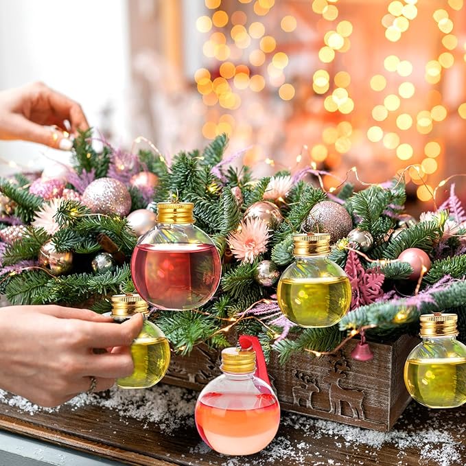 Patelai 18 Pcs Christmas Drink Balls Clear Shot Glass Ornaments Xmas Tree Fillable Ornaments Plastic Xmas Water Bottle Bulbs for Holiday Party Decorations(Round,50 Ml，100 ml)