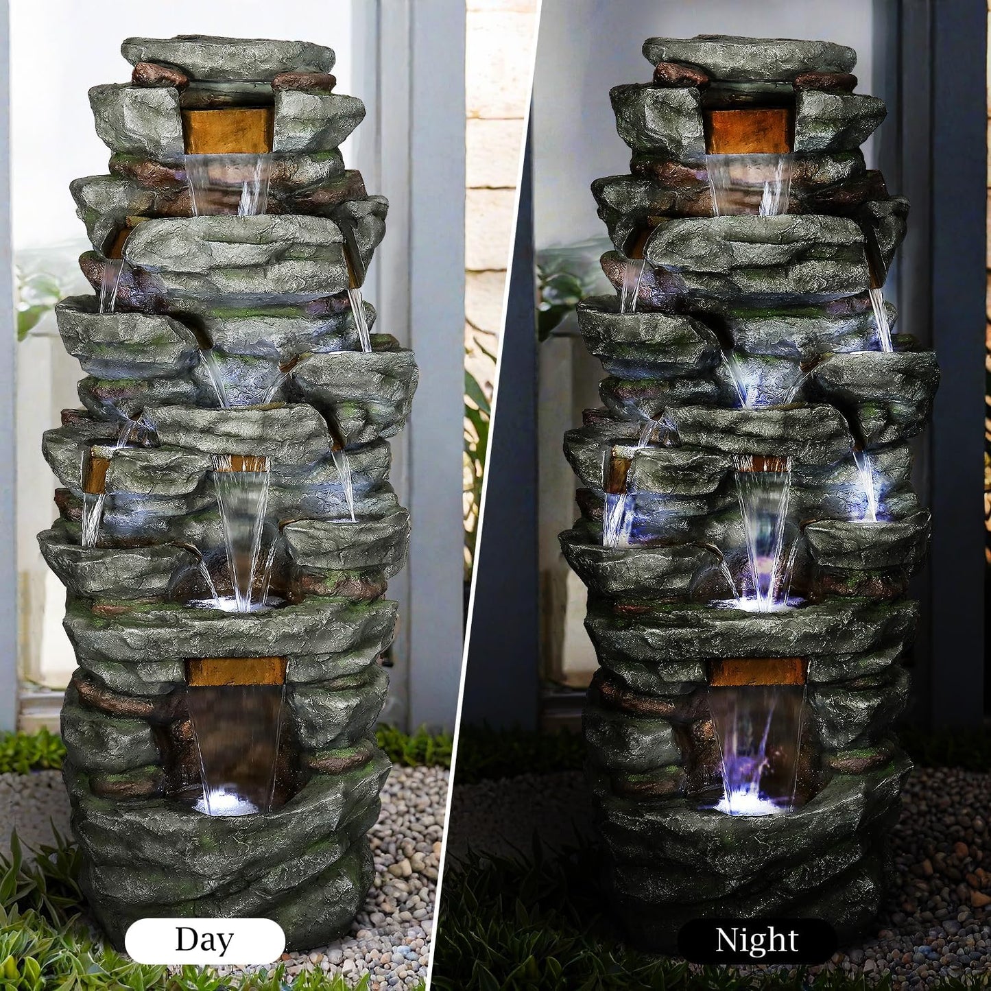 SunJet 79" High Multi-Tiers Cascading Rock Outdoor Water Fountain with LED Lights - Large Outdoor Fountains and Waterfalls for Garden or Patio, Yard, and Deck Decor, Featuring Natural Stone Look
