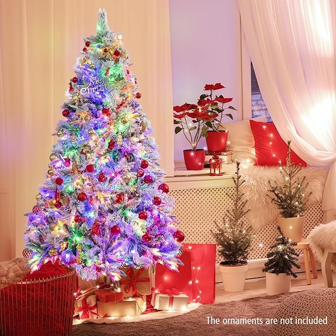 HAPPYGRILL 6 FT Pre-lit Artificial Christmas Tree, Snow-Flocked Xmas Tree with 240 Multi-Color LED Lights, 8 Lighting Modes, 850 Branch Tips, Pine Needles, Hinged Tree for Home Office Party
