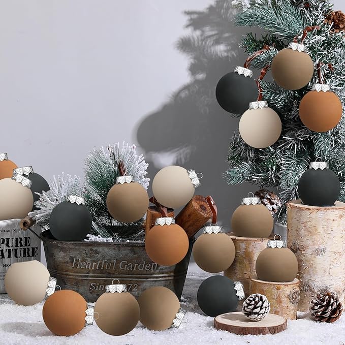 24 Pcs Neutral Matte Christmas Ball Ornaments 2.4 Inch Rustic Boho Brown Black Ivory Terracotta Xmas Bulbs Ornament Vintage Xmas Baubles Modern Christmas Decor for Tree Farmhouse Decor
