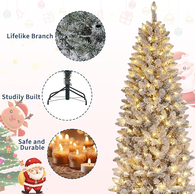 GarveeHome 6 ft Pencil Christmas Tree, Pre-Lit Frosted Artificial Tree, Skinny Xmas Trees Holiday Decoration, with LED Light and Metal Base