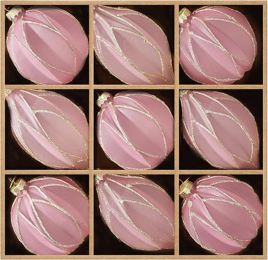 WDS WONDROUS Christmas Ball Ornaments, Vintage Ball & Teardrop Xmas Tree Ornament Set, Hanging Assorted Glass Balls for Holiday Home Party Decor (9Pcs, Pink & Gold Line)