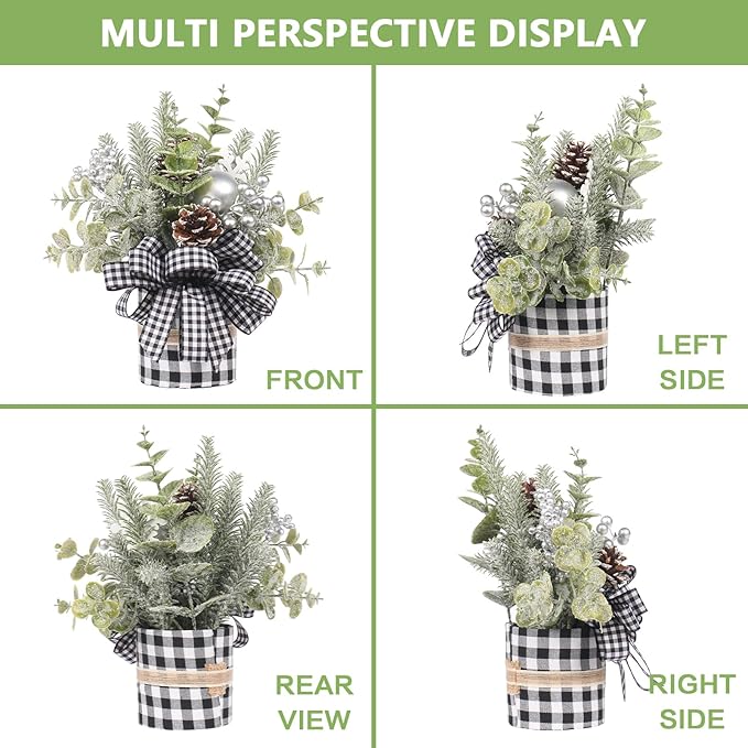 Small Buffalo Check Plaid Christmas Tree, Artificial Mini Tabletop Christmas Tree Decorations, for Winter Home Hliday Party Xmas Decor - Black/White.