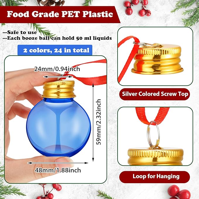 Patelai 24 Pcs Christmas Drink Balls Shot Glass Ornament Plastic Fillable Christmas Tree Ornaments Xmas Water Bottle Bulbs for Holiday Party Indoor Outdoor (Blue,Purple with Gold Lid)