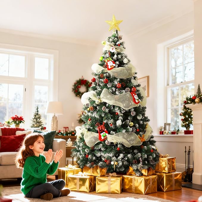 6ft Green Artificial Christmas Tree with Pine Cones and Snow Flocked Branches, Realistic Full Shape Xmas Tree with Sturdy Metal Stand for Indoor Holiday Decoration