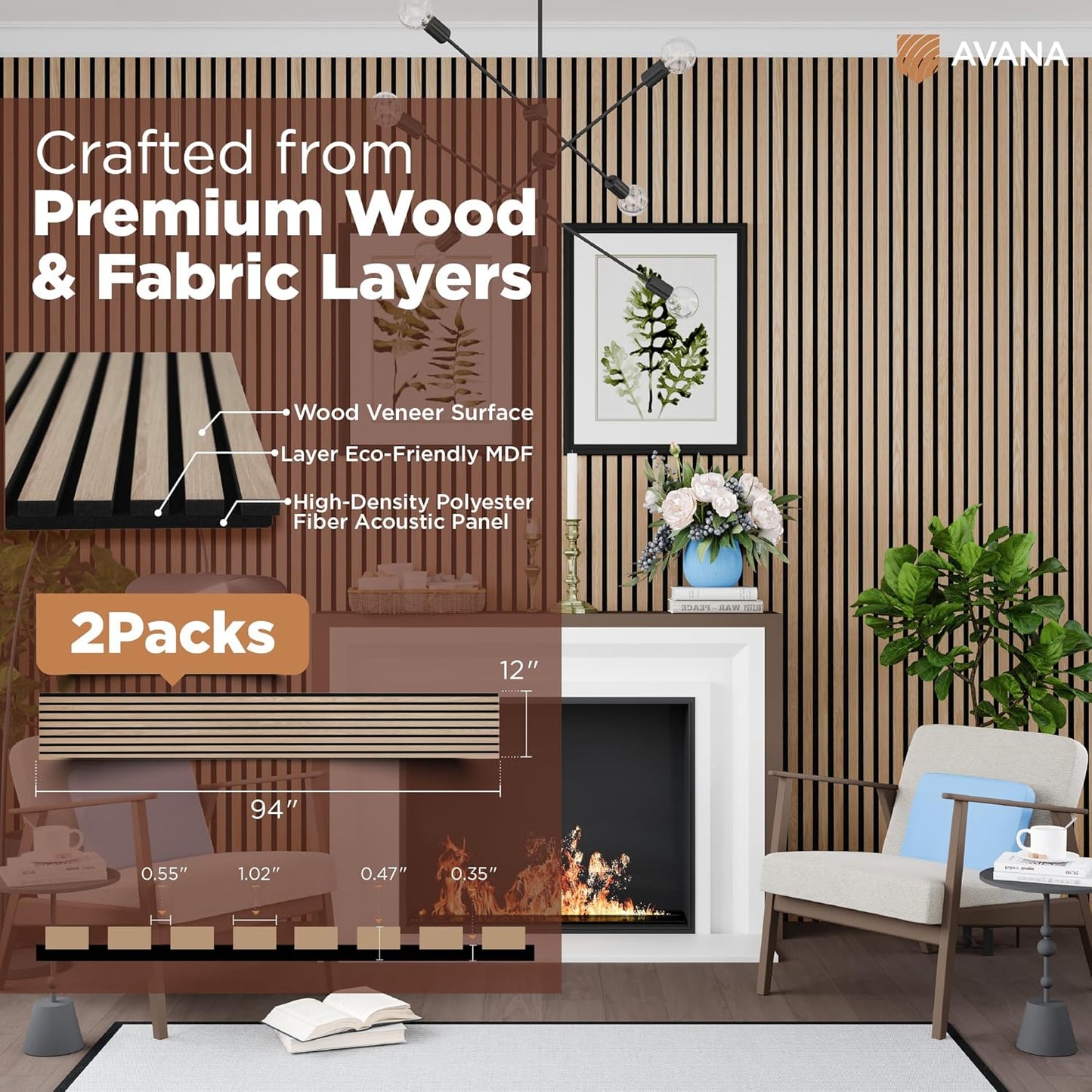 Avana Acoustic Wood Wall Panels – 94.4 X 12.6 Inch White Oak Acoustic Panels 2 PCs – Wall Panels For Interior Wall Decor For Homes, Offices, Studios – Sturdy And Durable Wood Panels For Wall