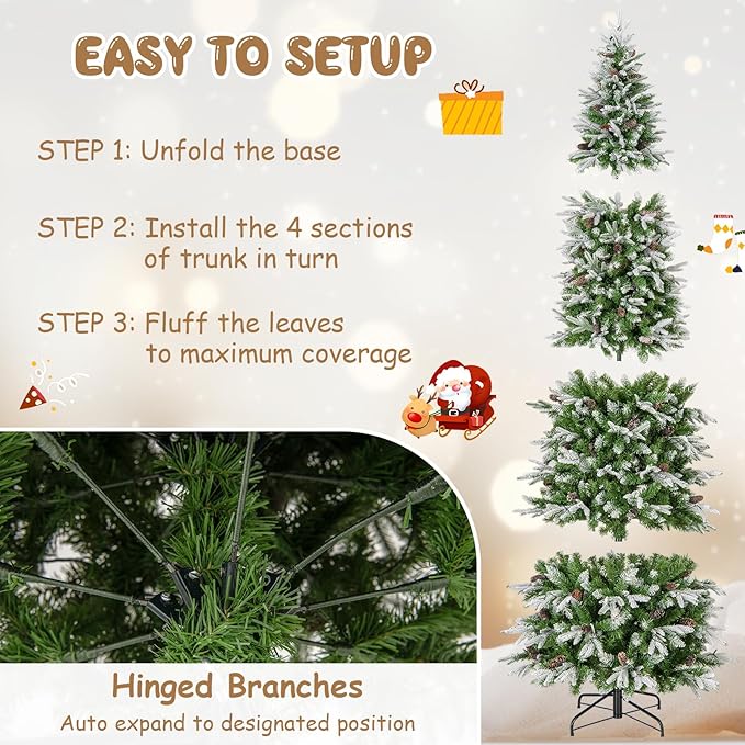 GOFLAME 9 FT Pre-Lit Pencil Christmas Tree Snow Flocked, Slim Artificial Xmas Tree with 1310 Branch Tips, 470 LED Lights, 98 Natural Pine Cones, Hinged Holiday Decoration Tree for Home Office