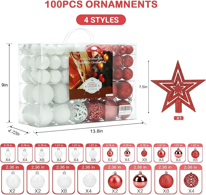 Aitsite 100 Pack Christmas Tree Ornaments Set Mini Shatterproof Holiday Ornaments Balls for Christmas Decorations (Red and White)