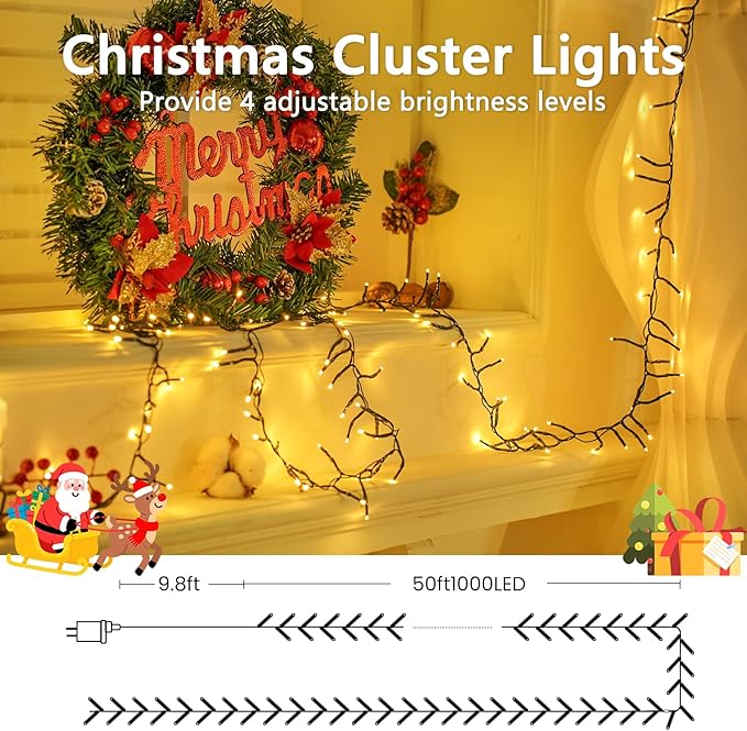 50FT 1000 LED Cluster Christmas Lights, Christmas Tree Lights Outdoor Indoor with 8 Modes & Timer & Remote, Firecrackers String Lights Waterproof for Garland Party Xmas Decorations, Warm White