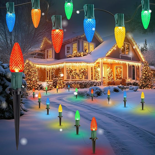 Brightown C9 Christmas Lights Outdoor, 25.7 Ft Strawberry C9 Christmas Pathway Lights with 20 LED Bulbs and Stakes, Christmas Decorations Outside Walkway Sidewalk Holiday, Multicolor