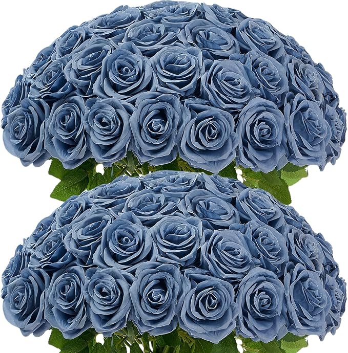50Pcs Dusty Blue Roses Artificial Flowers Artificial Silk Roses Bulk,Fake Roses Flower with Stems Realistic Flowers for Wedding Centerpiece Home Party Decor
