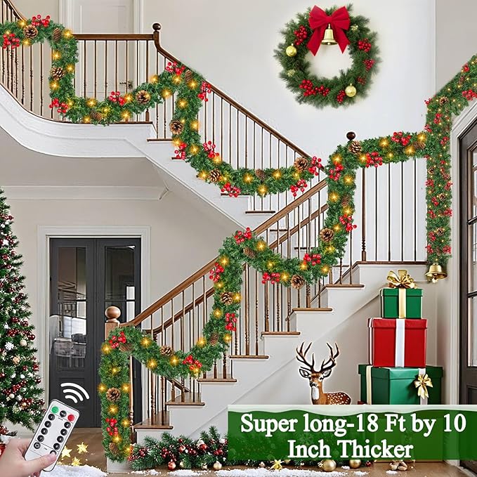 Remote Control 18 FT Extra Long Prelit Christmas Garland with 480Thick Branch Tips Pinecones & Red Berries, 100 Warm White & Multicolor LED Lights 8 Modes Timer for Stairs Mantel Doorway Decor