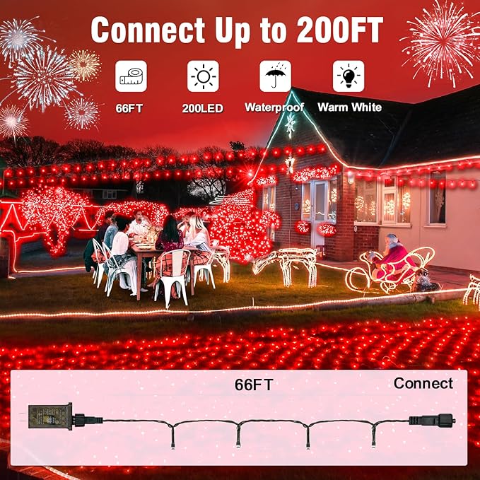 Nisocy 200 LED Red String Lights with Green Wire, Waterproof Christmas Tree Fairy Lights with 8 Modes, Indoor Outdoor Decorative Lighting for Holiday, Party, Garden, Patio(66FT)