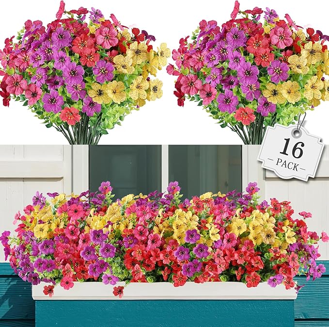 AGIRL 16 Bundles Artificial Flowers for Outdoor,No Fade Fake Plastic Flowers Faux Plants for Hanging Planters Decoration Indoor Outside Garden Porch Window Box Home Wedding