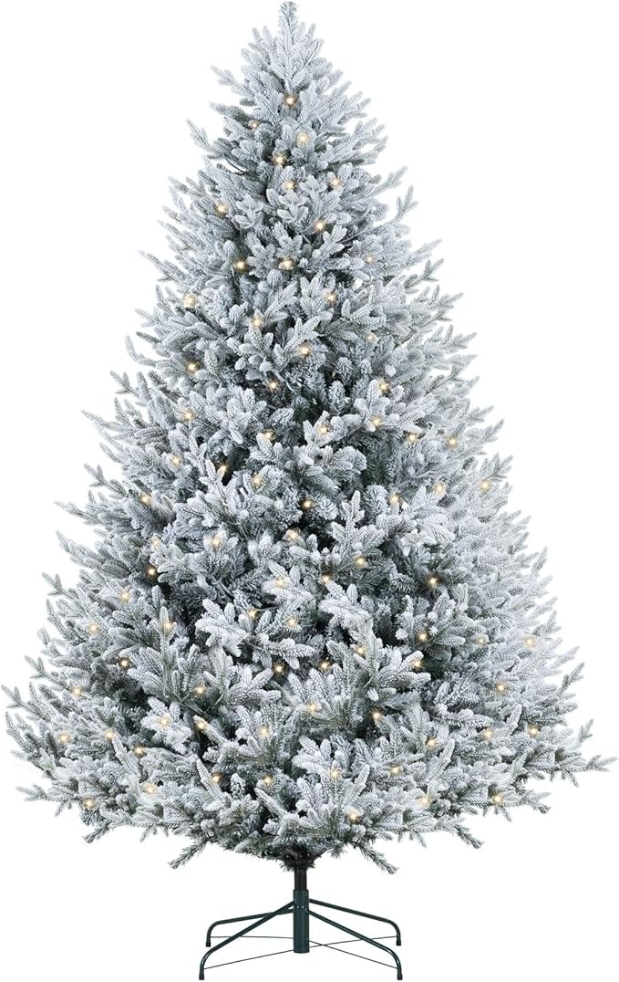 Naomi Home 6 5ft Frosted Christmas Tree with Lights Realistic Snow Flocked Christmas Tree Prelit with 2456 Branch Tips 450 Warm Lights and Metal Stand Aritificial