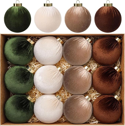 24 Pack Velvet Christmas Ornaments Set, 3.15 Inch Large Neutral Christmas Ball Ornaments Shatterproof Flocked Hanging Balls with Velvet Bows for Xmas Tree Garland Wreath Holiday Home Decor