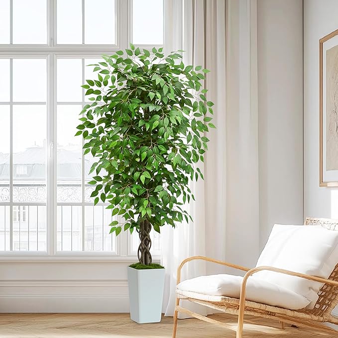 Artificial Ficus Tree 5FT Faux Plants Indoor Tall Fake Plants with White Tall Planter, Green Lifelike Lush Fake Ficus Tree for Home Living Room Bedroom Outdoor Balcony House Office Decor