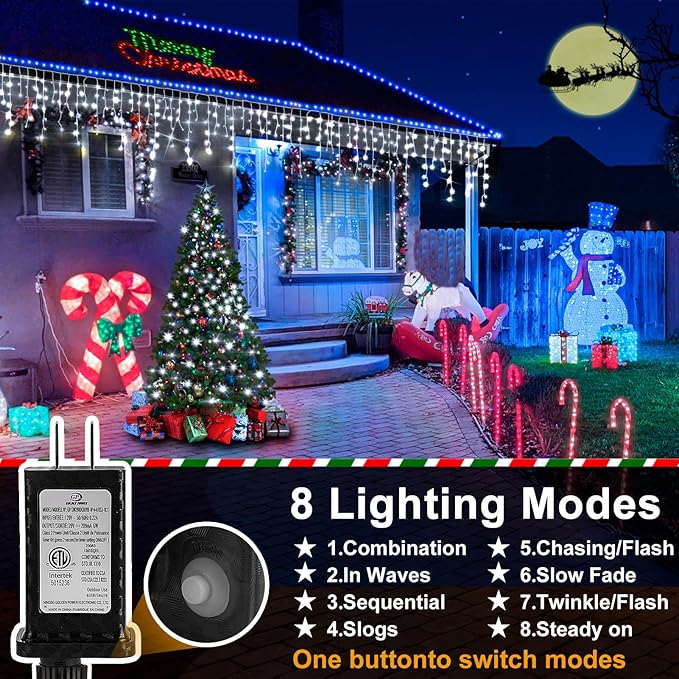 Christmas Lights Outdoor, 2 Pack Total 98FT 960 LED Ice Lights for Outside with 180 Drops Clear Wire 8 Modes Timer, Plug in Waterproof for Holiday Eaves Yard Roof Party Christmas Decor (Cool White)