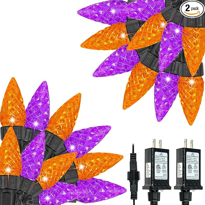 2 Pack C6 Halloween Lights Outdoor Indoor, Total 200 LED 66 FT Connectable Halloween String Lights with Timer & 13 Modes, Waterproof Twinkle Light for Tree Horror Party Decorations (Orange and Purple)