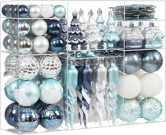 124Ct Blue and Silver Christmas Ornaments Set, Elegant Shatterproof Assorted Christmas Decorations for Xmas Tree Snowflake Icicle House Ball Ornaments Baubles for Holiday Party Decor (Blue&Silver