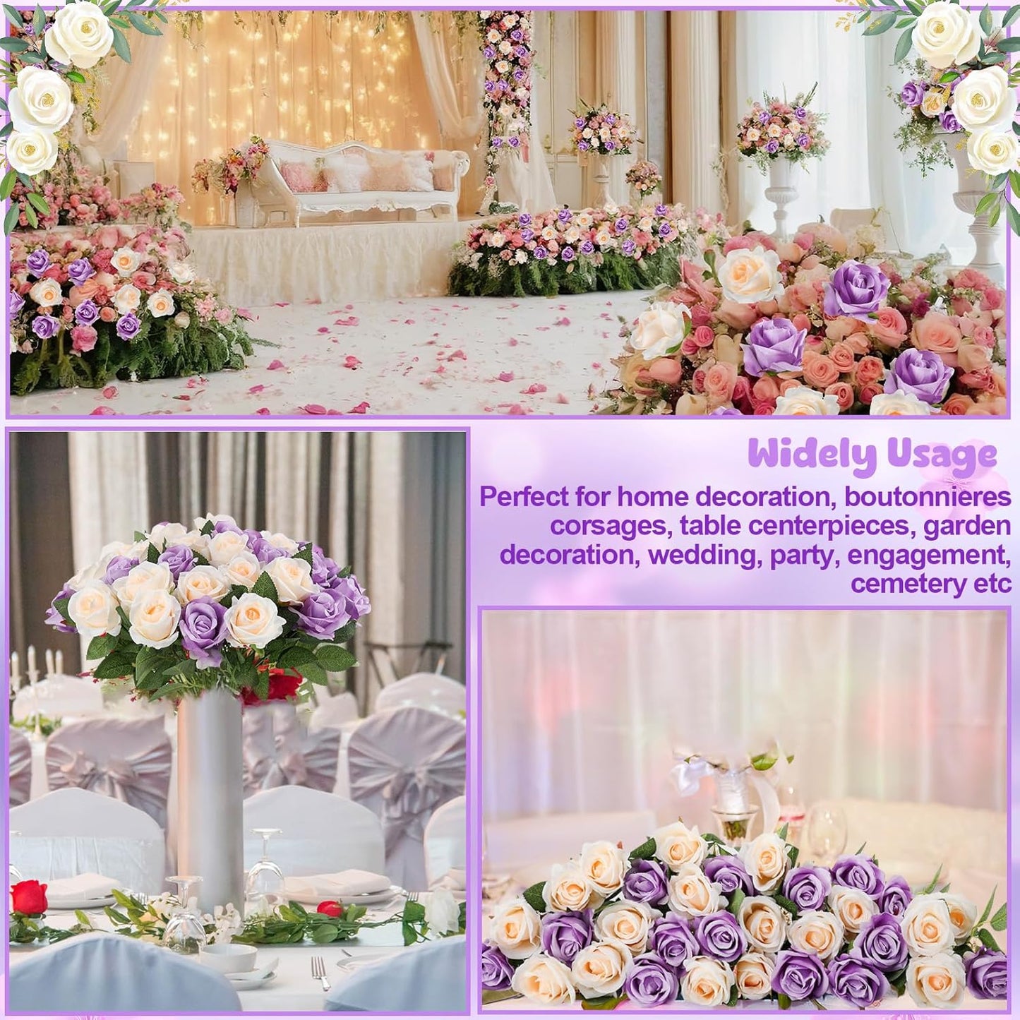 36 Pcs Purple, Champagne Artificial Roses with Long Stems, Purple Fake Silk Rose Artificial Flowers Bulk for Bridal Wedding Bouquet Centerpiece Ball Arrangement Party Decor
