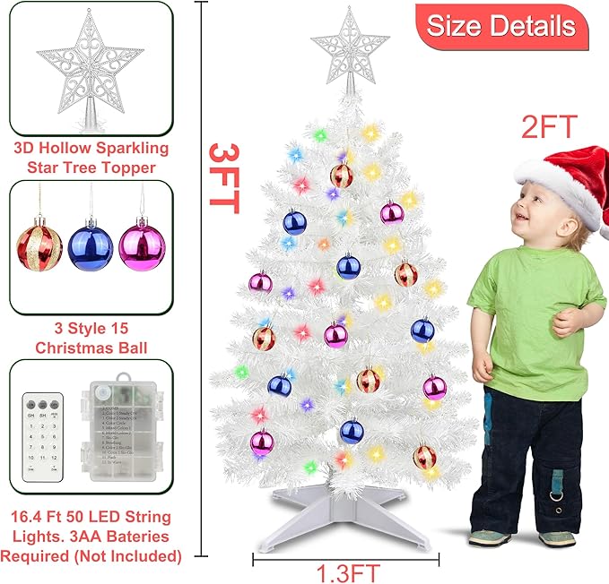 3 Feet White Tinsel Christmas Tree 12 Modes Dual Color Change Timer DIY 50 Warm White & Multicolor Lights Star 15 Ball Ornaments Battery Operated Small Artificial Full Xmas Tree Table Home Indoor
