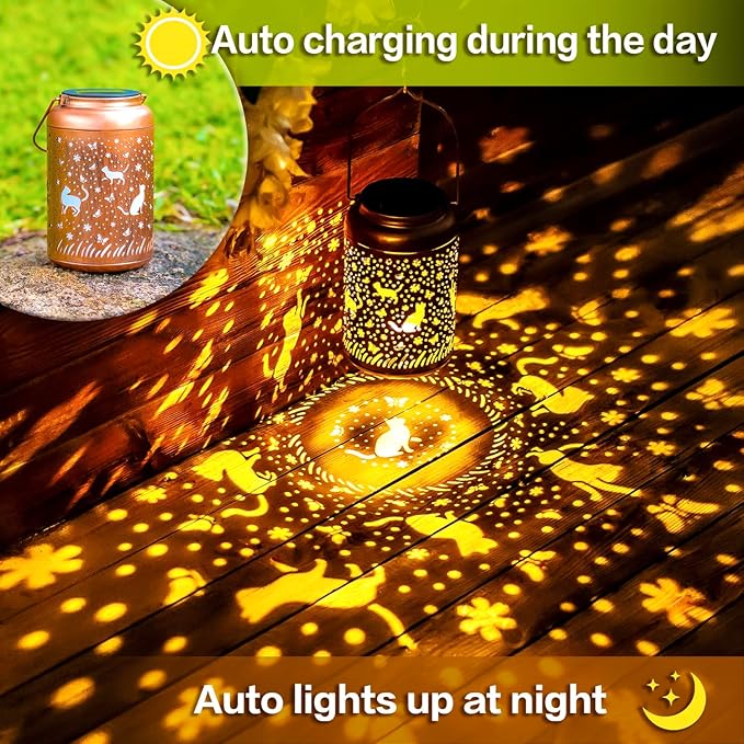 Cat Solar Lanterns Outdoor Hanging Waterproof Solar Lights Cat Gifts for Women Men Metal Decorative LED Lanterns for Outside, Patio, Landscape, Yard Decor, Garden Decorations